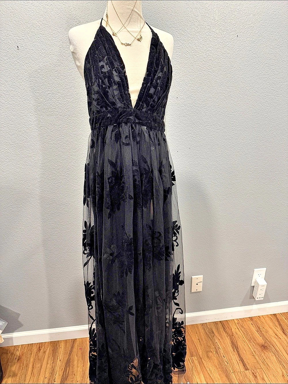 Windsor Flawlessly Gorgeous Black Burnout Floral Halter Maxi Dress